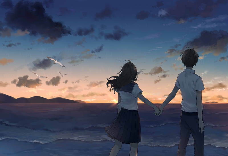 A romantic anime couple clasping hands on a picturesque beach, with the sun setting in the background and waves lapping at their feet.